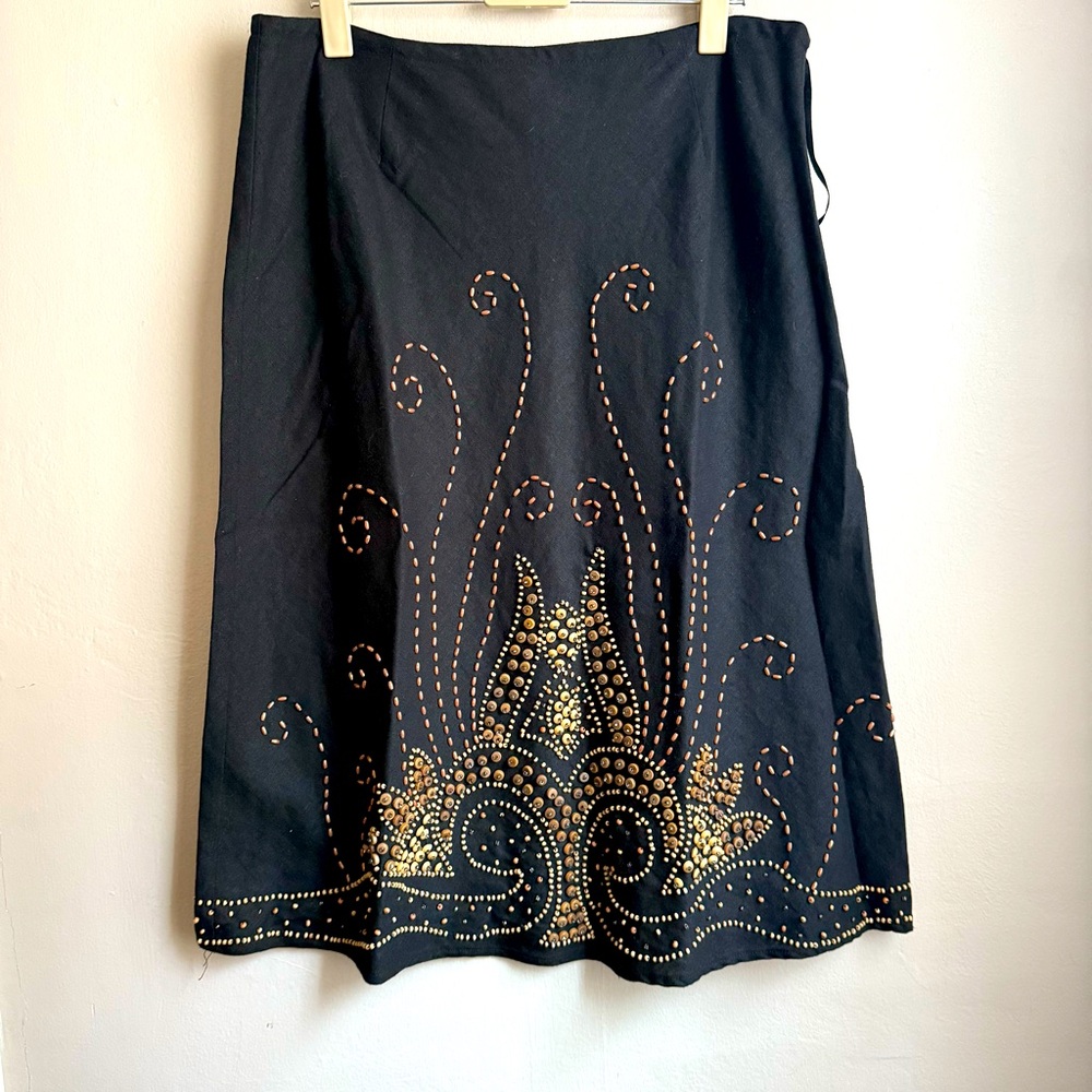Willi Smith Beaded Black & Brown Linen Midi Skirt Size 8